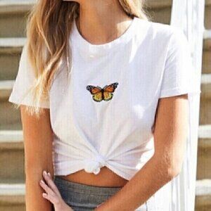 JOHN GALT BRANDY MELVILLE White Embroidered Monarch Butterfly Embroidery T-Shirt